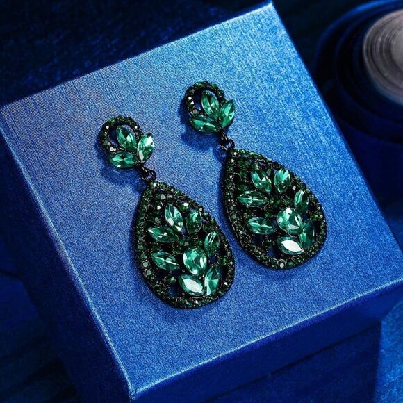 Carbon Black with Emerald Green Austrian Crystal Teardrop Chandelier Earrings - Picture 2 of 7
